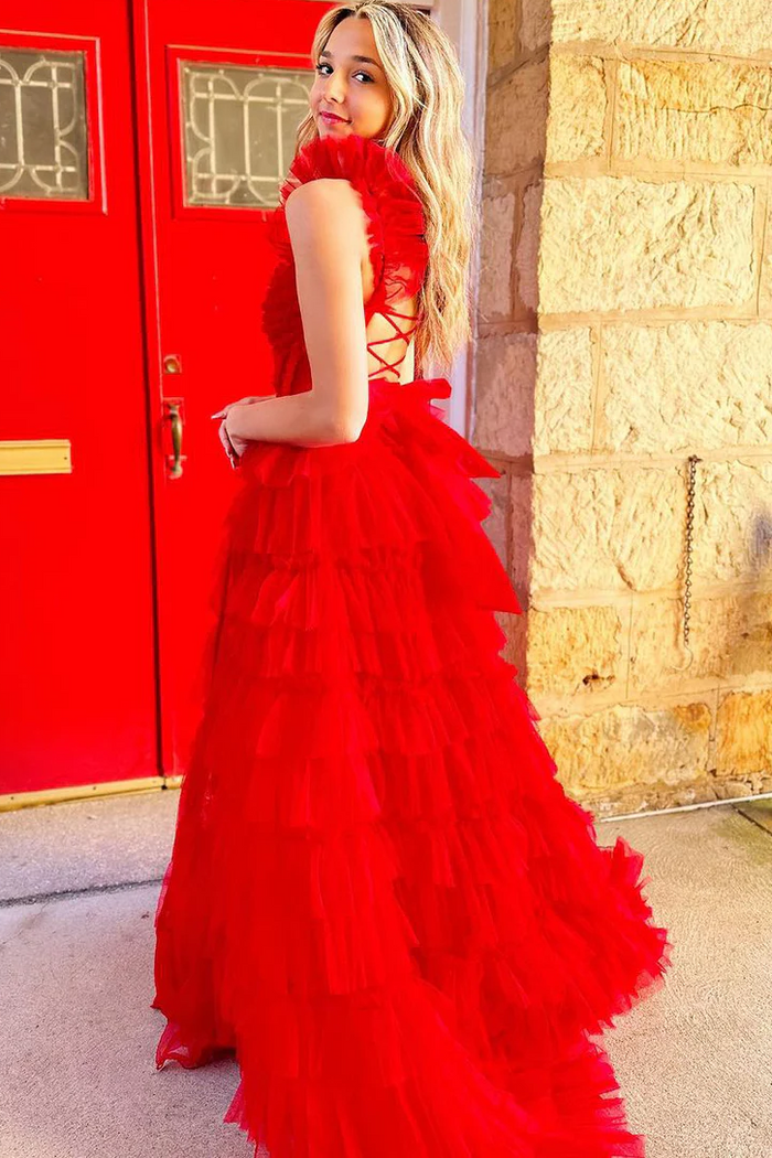 A-Line Ruffles Tulle Empire-Waist Sleeveless Prom Formal Dress with Slit