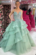 A-Line Ruffles V-Neck Appliques Sleeveless Long Prom Dress with Train