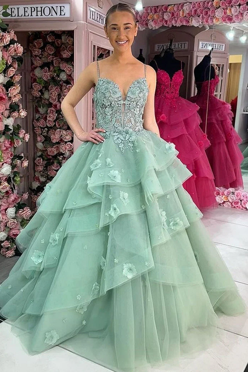 A-Line Ruffles V-Neck Appliques Sleeveless Long Prom Dress with Train