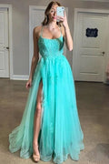 A-Line Scoop Lace Appliques Tulle Lace-Up Prom Dress with Slit