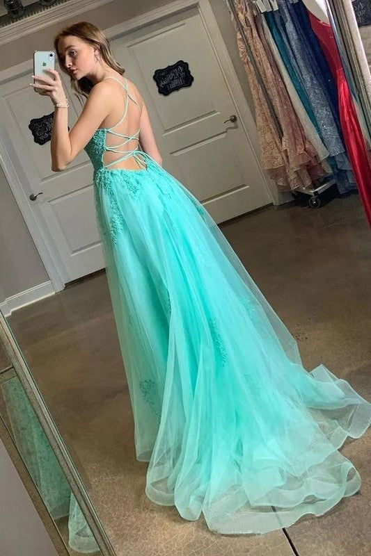 A-Line Scoop Lace Appliques Tulle Lace-Up Prom Dress with Slit