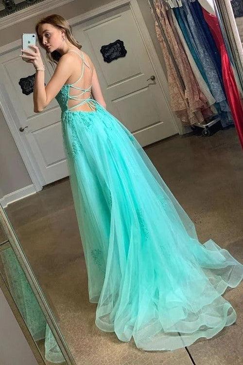 A-Line Scoop Lace Appliques Tulle Lace-Up Prom Dress with Slit