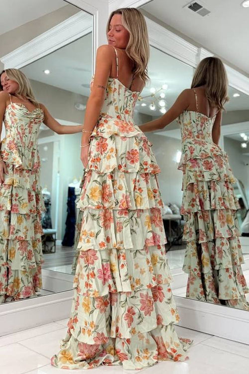 A-Line Spaghetti Straps Floral Print Ruffles Long Prom Dress with Slit