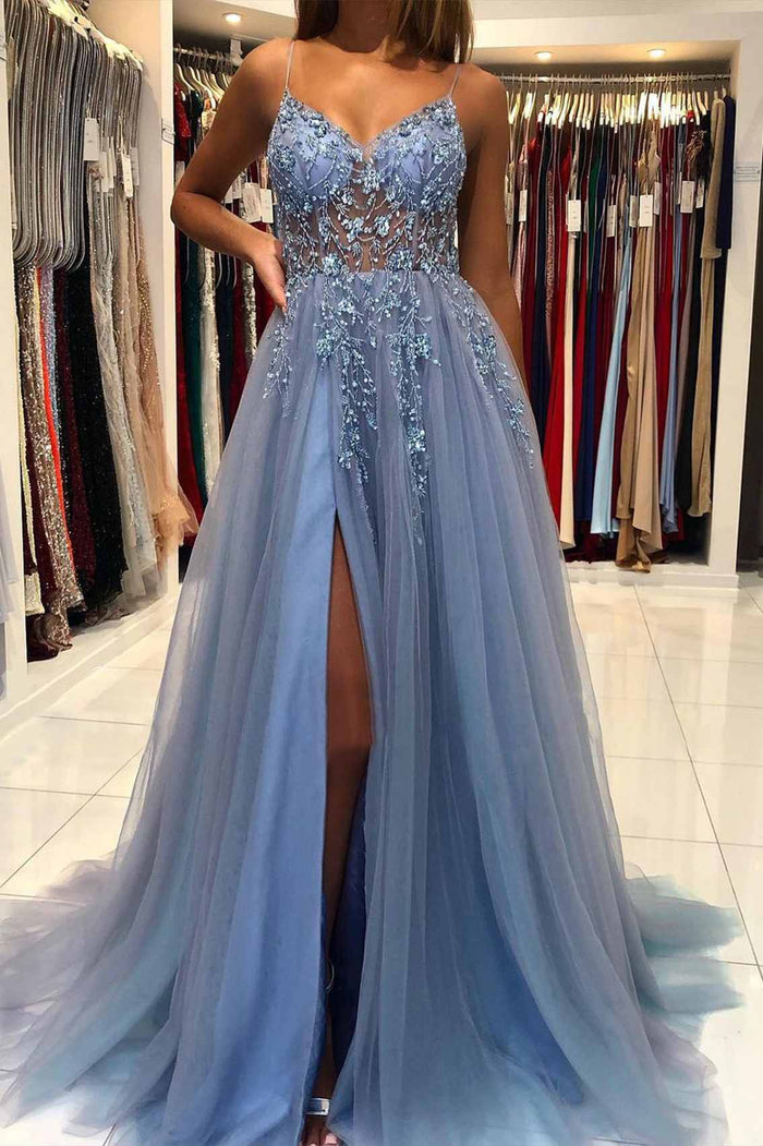 A-Line Spaghetti Straps V-Neck Appliques Tulle Prom Dress with Slit