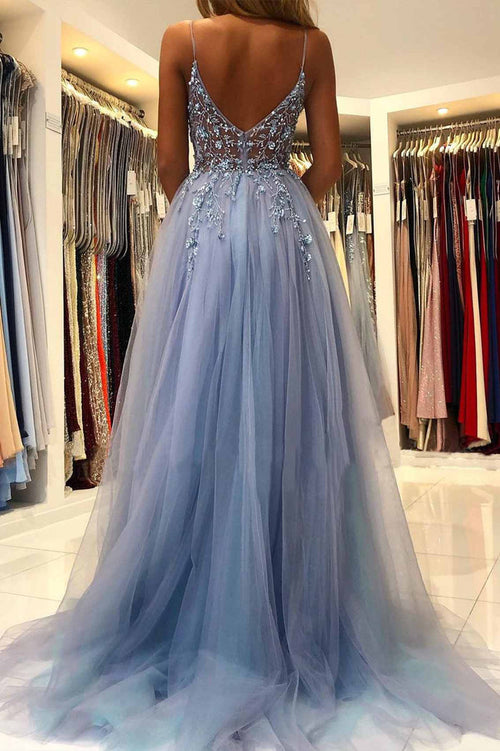 A-Line Spaghetti Straps V-Neck Appliques Tulle Prom Dress with Slit