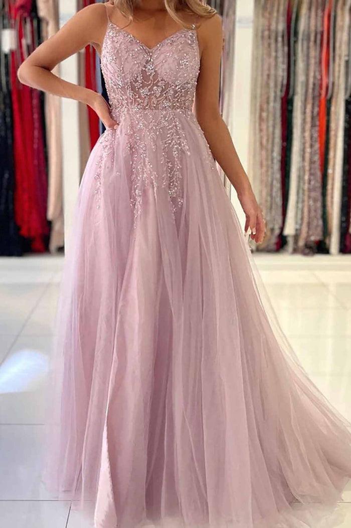 A-Line Spaghetti Straps V-Neck Appliques Tulle Prom Dress with Slit