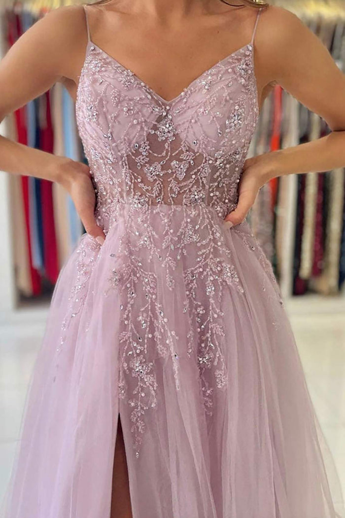 A-Line Spaghetti Straps V-Neck Appliques Tulle Prom Dress with Slit