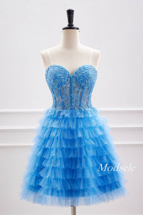 Strapless Applique Blue Multi-Layers Tulle Homecoming Dress