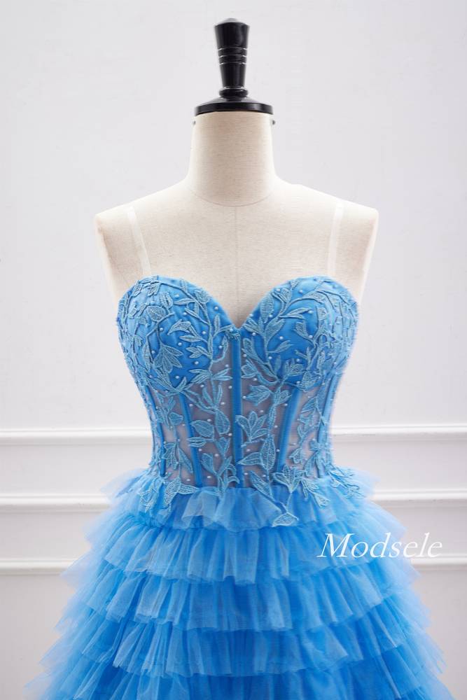 Strapless Applique Blue Multi-Layers Tulle Homecoming Dress