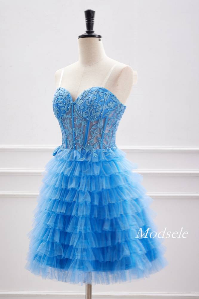 Strapless Applique Blue Multi-Layers Tulle Homecoming Dress