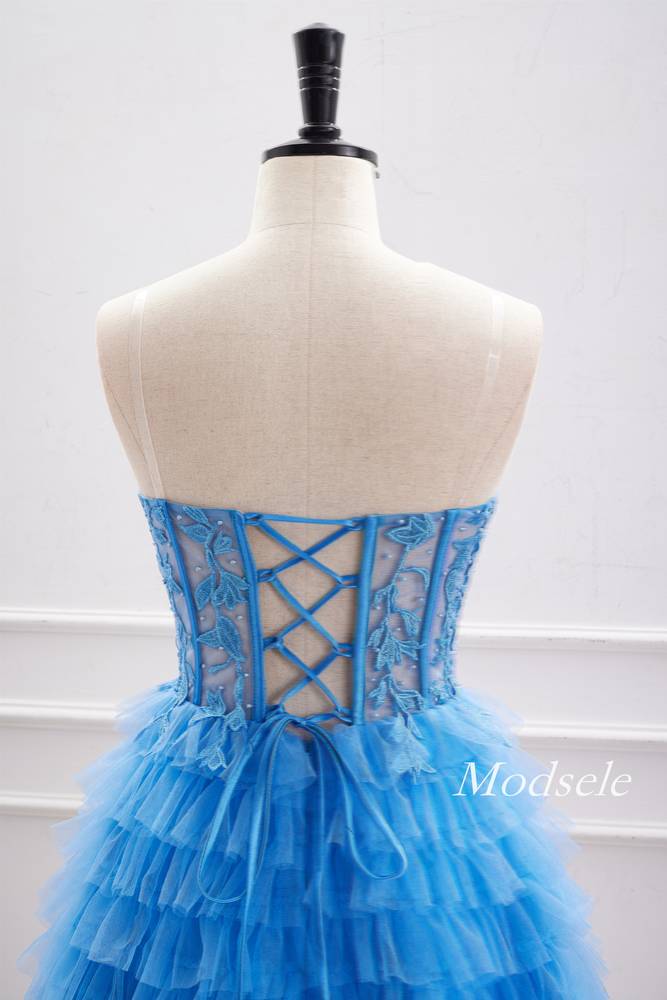 Strapless Applique Blue Multi-Layers Tulle Homecoming Dress