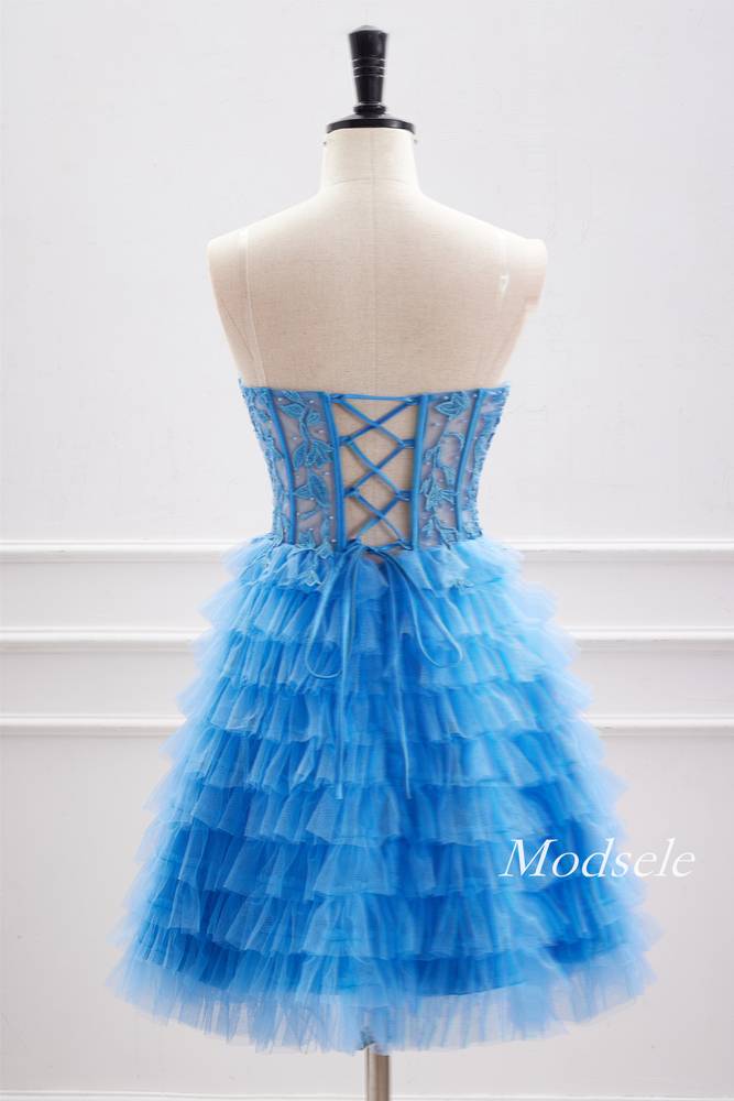 Strapless Applique Blue Multi-Layers Tulle Homecoming Dress
