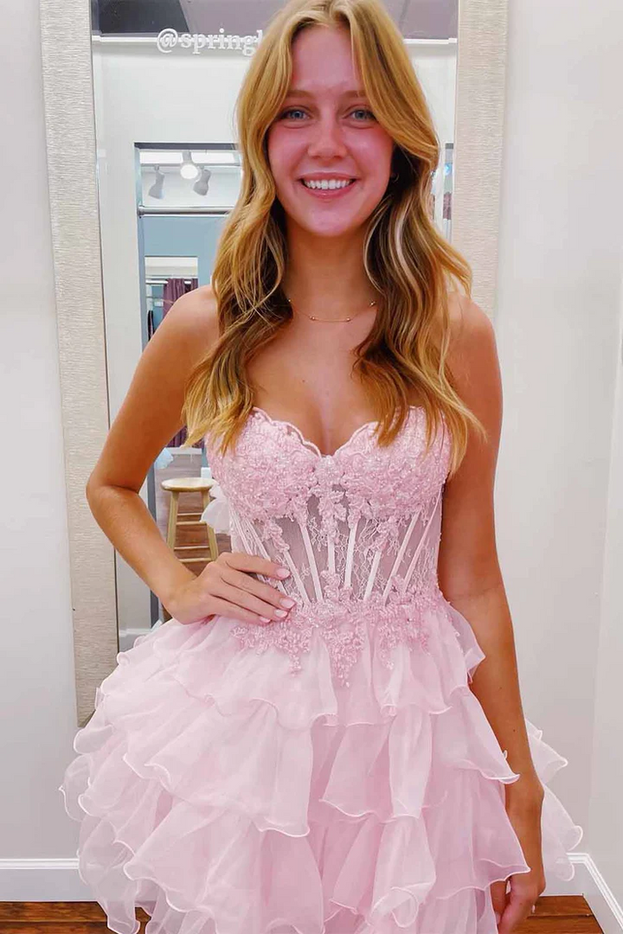 A-Line Strapless Appliques Ruffle Sleeveless Short Homecoming Dress