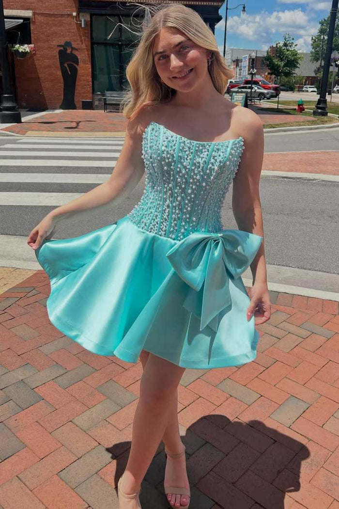 A-Line Strapless Beads Empire-Waist Short Homecoming Dress with Bow