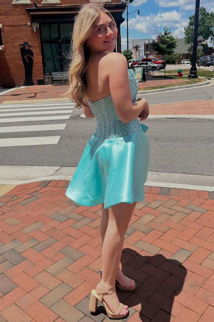 A-Line Strapless Beads Empire-Waist Short Homecoming Dress with Bow