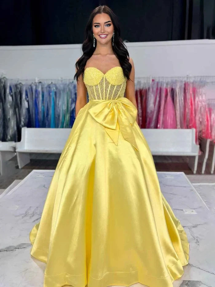 A-Line Strapless Beads Sweetheart Empire-Waist Prom Dress with Bow