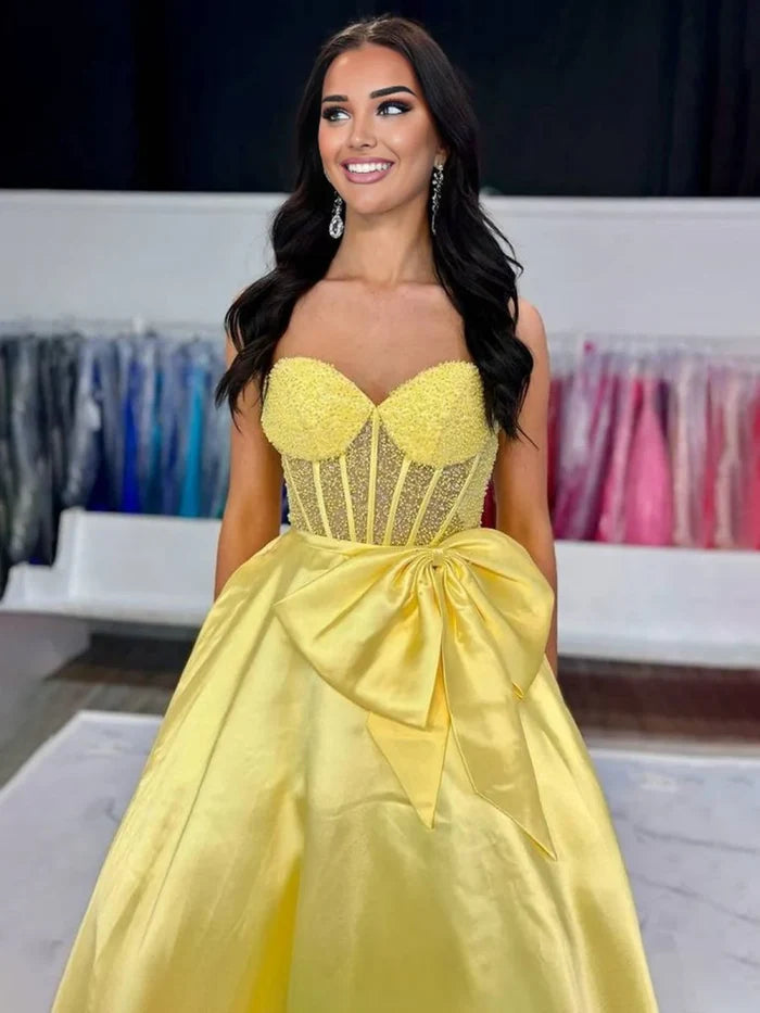 A-Line Strapless Beads Sweetheart Empire-Waist Prom Dress with Bow