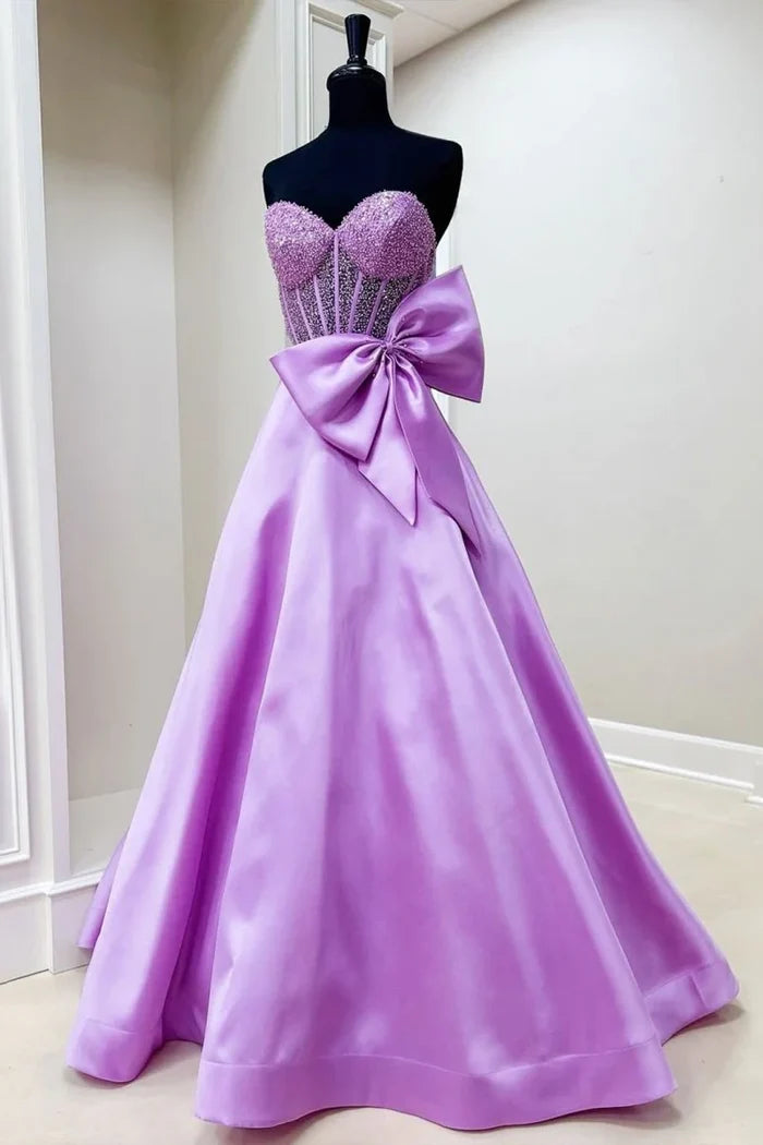 A-Line Strapless Beads Sweetheart Empire-Waist Prom Dress with Bow