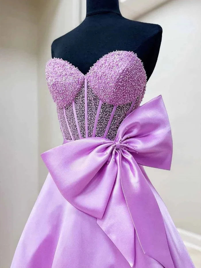 A-Line Strapless Beads Sweetheart Empire-Waist Prom Dress with Bow