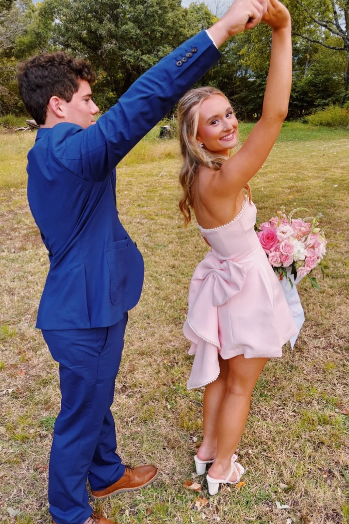 A-Line Strapless Bow-Back Empire-Waist Short Homecoming Dress with Pearls