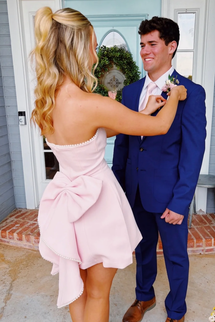A-Line Strapless Bow-Back Empire-Waist Short Homecoming Dress with Pearls
