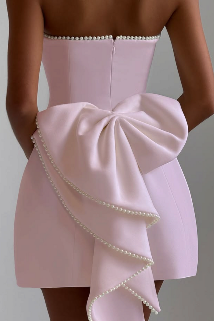 A-Line Strapless Bow-Back Empire-Waist Short Homecoming Dress with Pearls