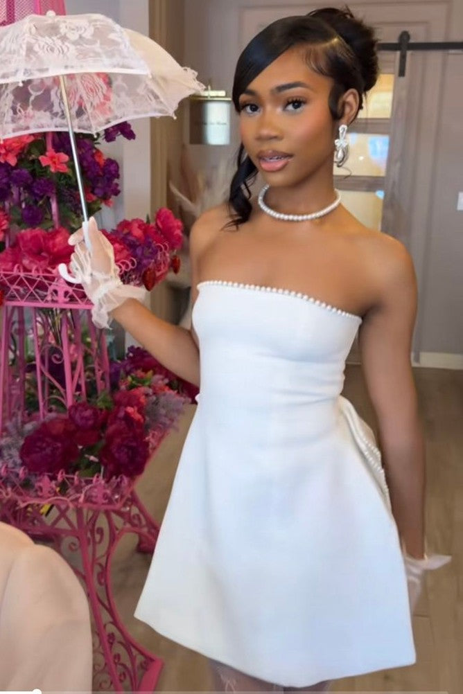 A-Line Strapless Bow-Back Empire-Waist Short Homecoming Dress with Pearls