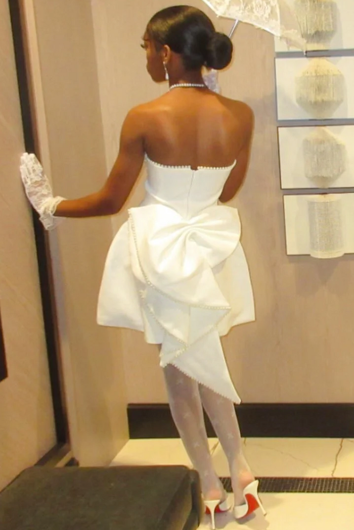 A-Line Strapless Bow-Back Empire-Waist Short Homecoming Dress with Pearls