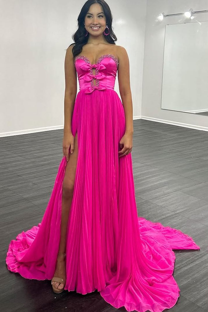 A-Line Strapless Bows Empire-Waist Pleated Chiffon Prom Dress with Slit