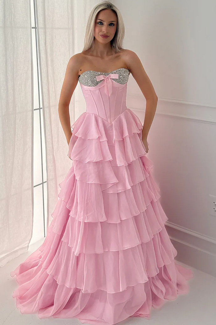 A-Line Strapless Empire-Waist Beads Ruffles Chiffon Prom Dress with Slit