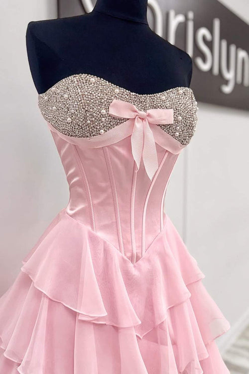 A-Line Strapless Empire-Waist Beads Ruffles Chiffon Prom Dress with Slit