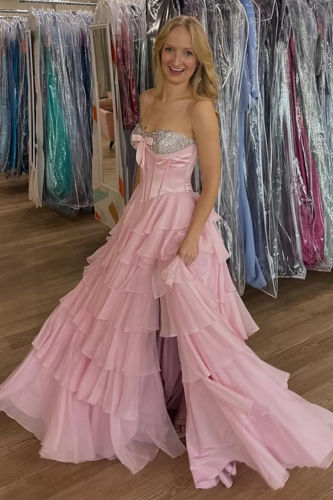 A-Line Strapless Empire-Waist Beads Ruffles Chiffon Prom Dress with Slit