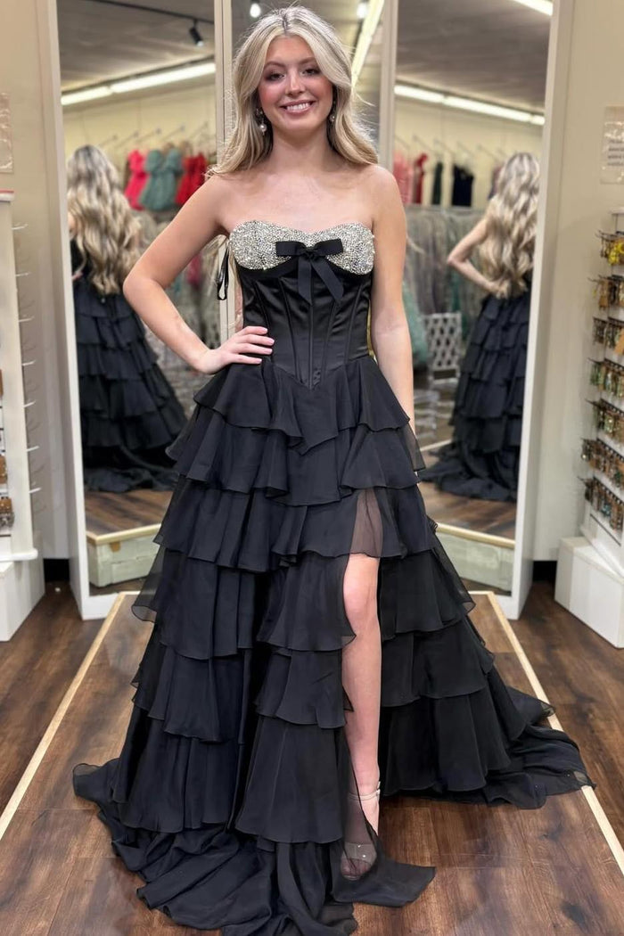 A-Line Strapless Empire-Waist Beads Ruffles Chiffon Prom Dress with Slit