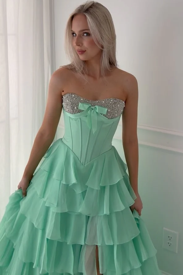 A-Line Strapless Empire-Waist Beads Ruffles Chiffon Prom Dress with Slit