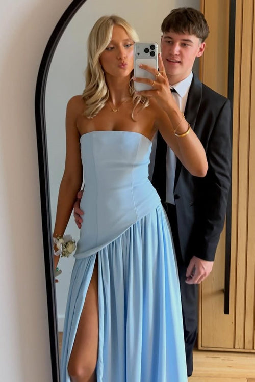 A-Line Strapless Empire-Waist Pleated Sleeveless Prom Dress with Slit