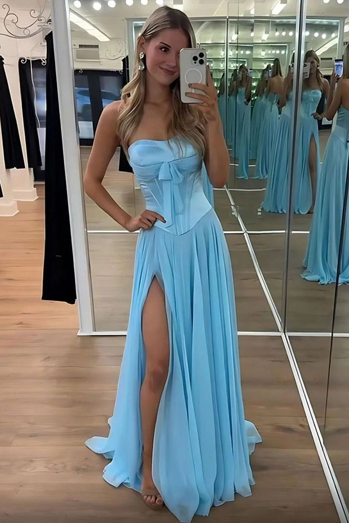 A-Line Strapless Empire-Waist Pleats Chiffon Sleeveless Prom Dress