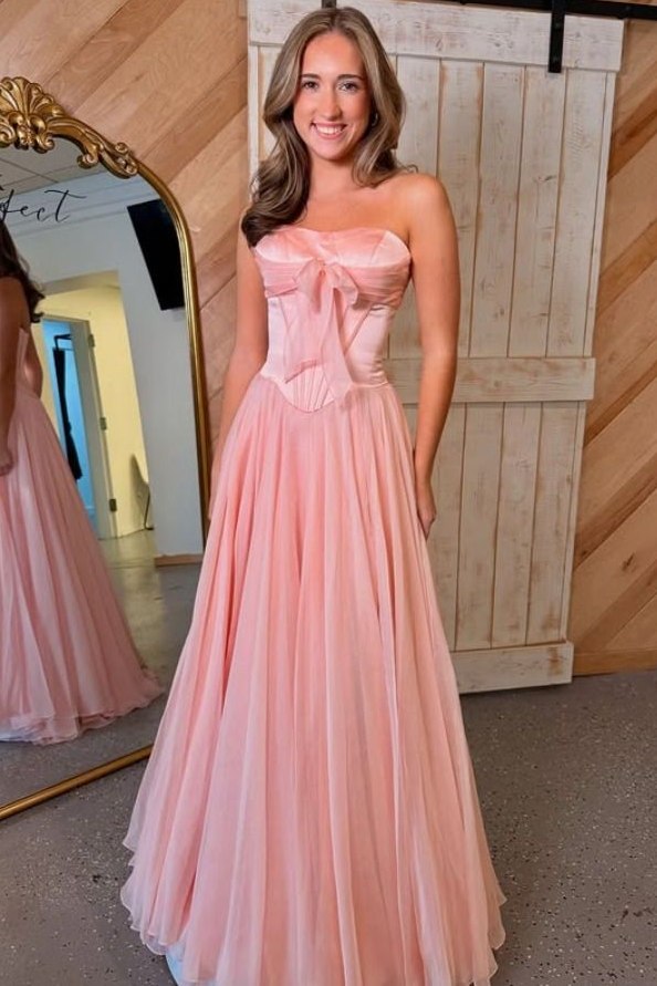 A-Line Strapless Empire-Waist Pleats Chiffon Sleeveless Prom Dress