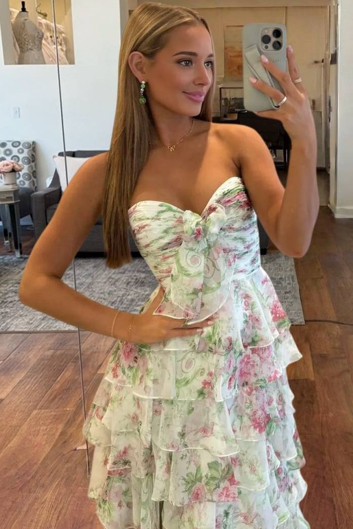 A-Line Strapless Empire-Waist Print Ruffles Long Prom Dress with Slit