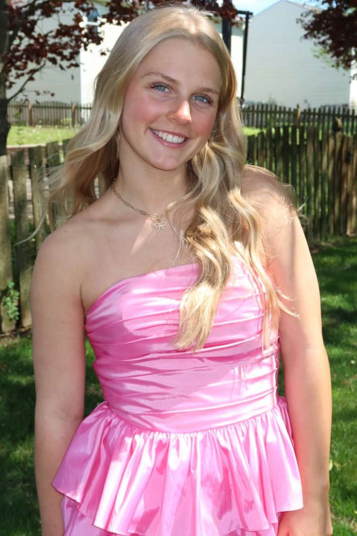 A-Line Strapless Empire-Waist Ruffles Satin Sleeveless Long Prom Dress with Slit