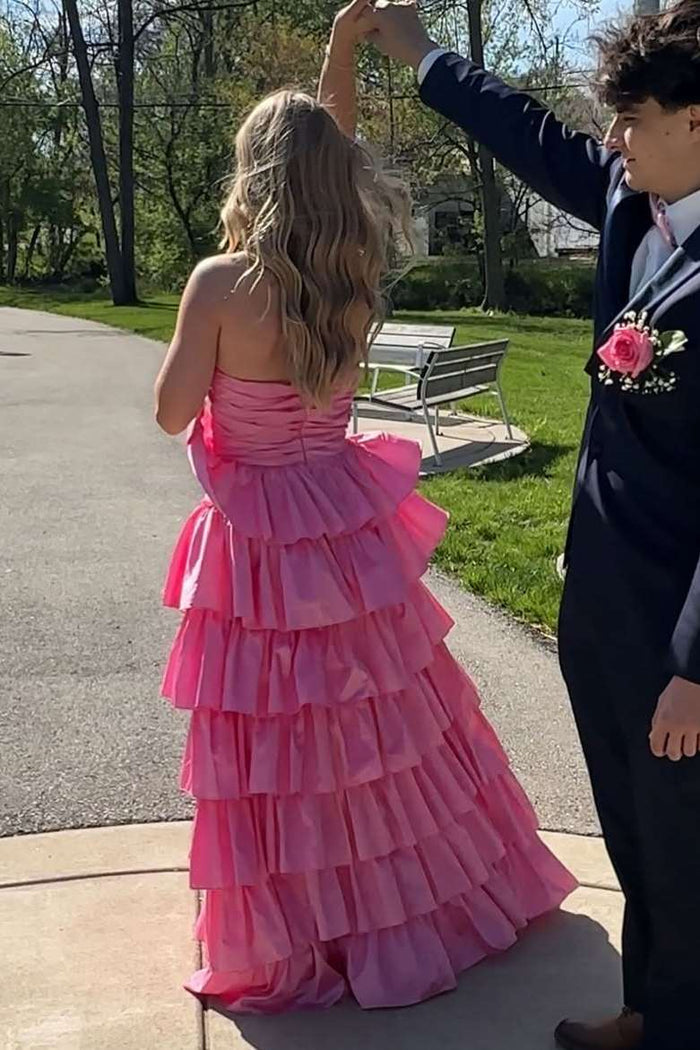 A-Line Strapless Empire-Waist Ruffles Satin Sleeveless Long Prom Dress with Slit