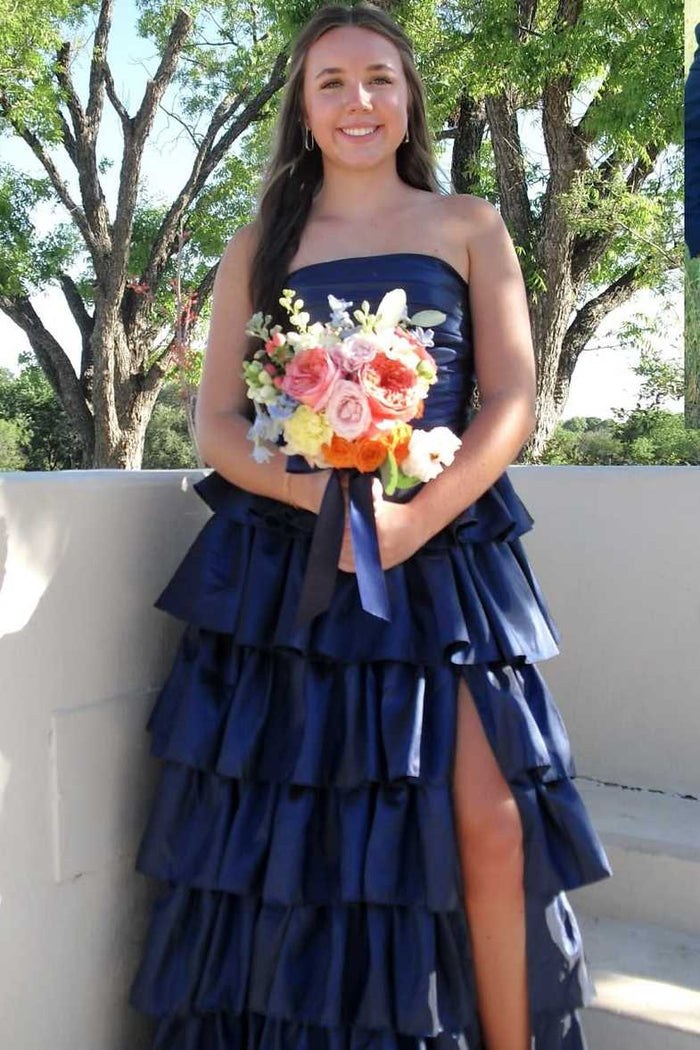 A-Line Strapless Empire-Waist Ruffles Satin Sleeveless Long Prom Dress with Slit