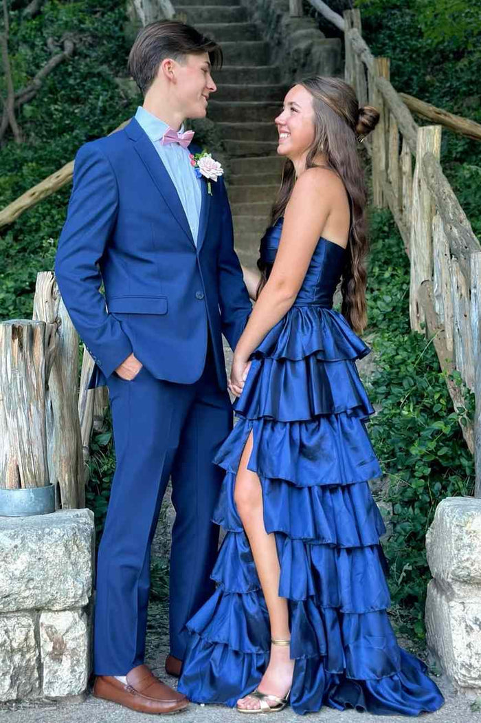 A-Line Strapless Empire-Waist Ruffles Satin Sleeveless Long Prom Dress with Slit