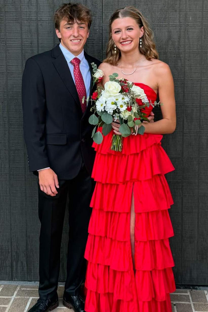 A-Line Strapless Empire-Waist Ruffles Satin Sleeveless Long Prom Dress with Slit