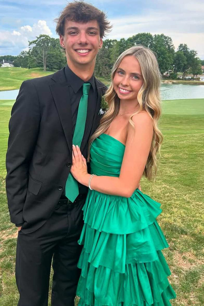 A-Line Strapless Empire-Waist Ruffles Satin Sleeveless Long Prom Dress with Slit