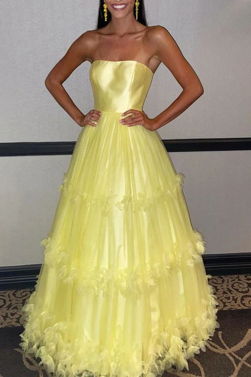 A-Line Strapless Empire-Waist Ruffles Sleeveless Long Prom Dress