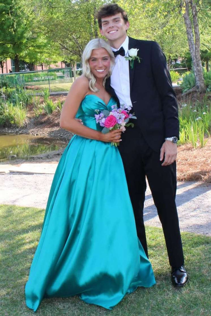 A-Line Strapless Empire-Waist Sleeveless Satin Long Prom Dress