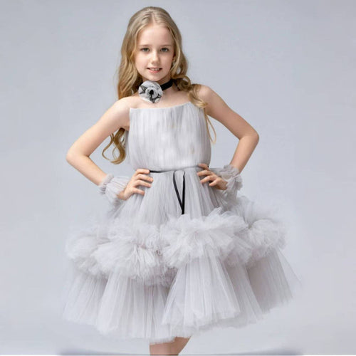 A-Line Strapless Lace Tulle Gray Flower Girl Dress J867