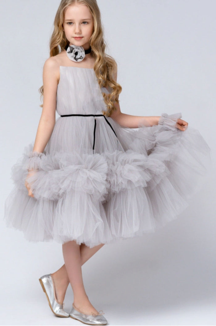 A-Line Strapless Lace Tulle Gray Flower Girl Dress J867