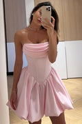 A-Line Strapless Scoop Neck Empire-Waist Satin Sleeveless Homecoming Dress