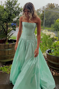A-Line Strapless Scoop Neck Pleats Satin Empire-Waist Prom Dress
